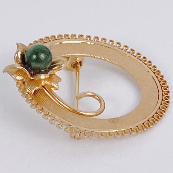 VTG Signed A&Z Brooch Gold Filled Green Jade Gemstone Circle Floral Mid Century - Picture 5 of 14